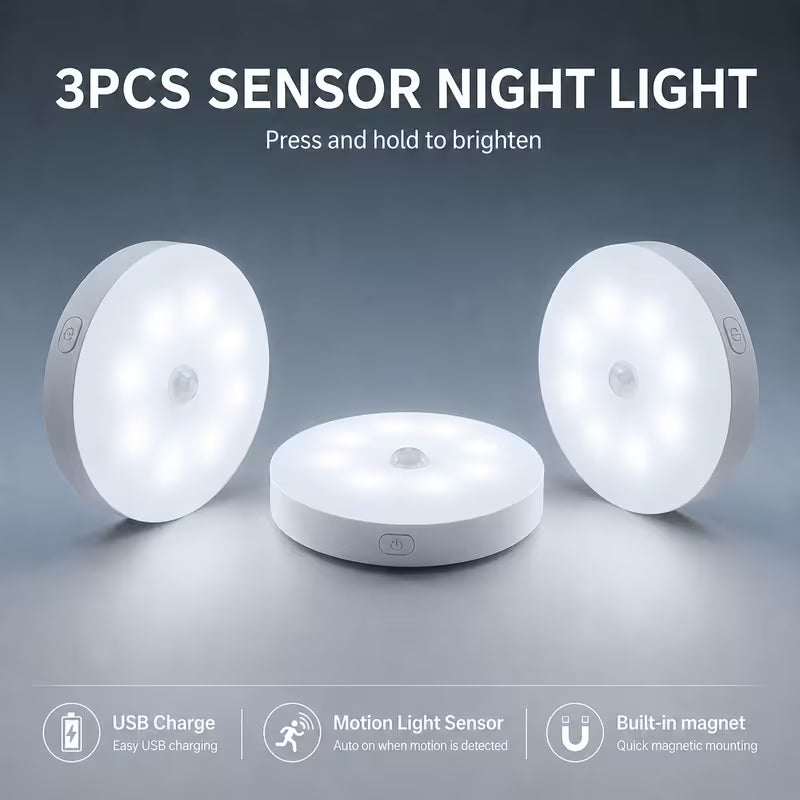 DOMMO™ MotionGlow — Lot de 3 lampes rechargeables à détecteur de mouvement